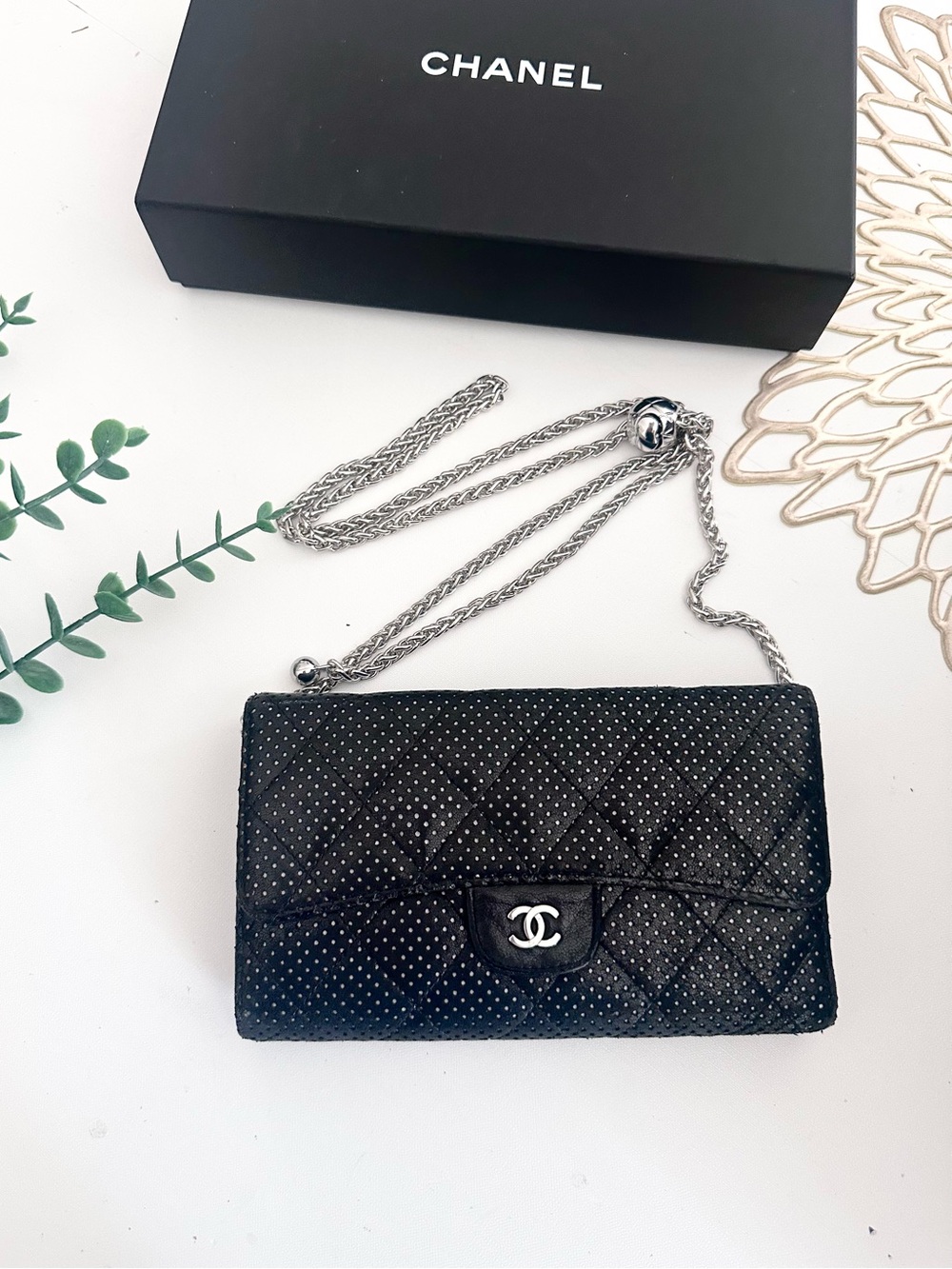 CHANEL Perforated Flap Crossbody Wallet with Chain